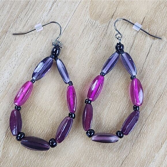 🩵Premier "Fuchsia" Purple & Pink Beaded Dangling Earrings - Picture 1 of 9